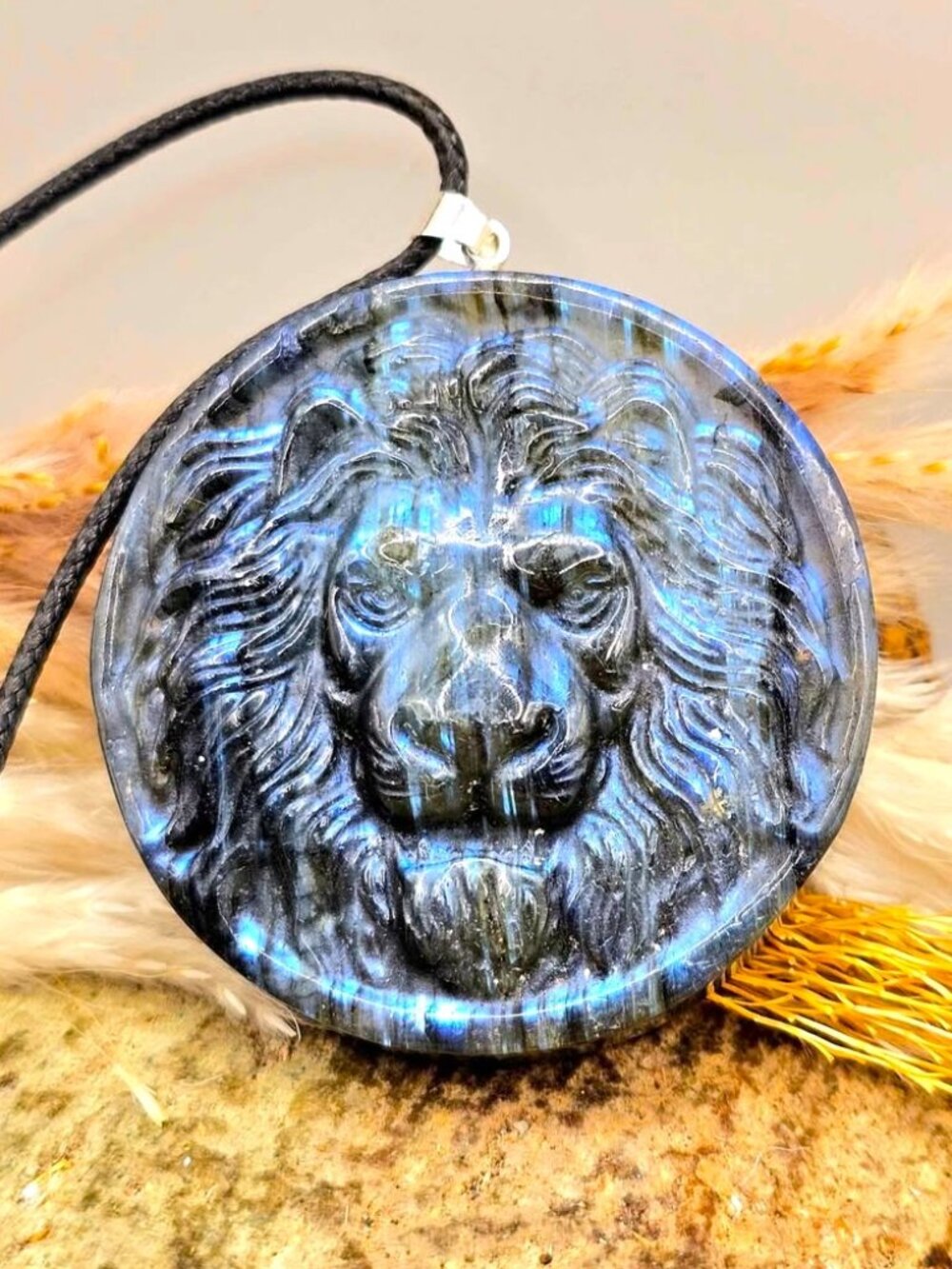 Nature Labradorite Carved Lion Head Pendant Necklace